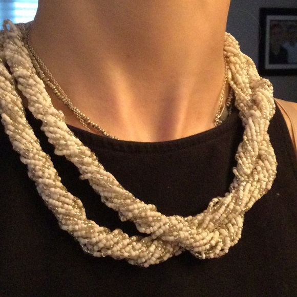 Jewelry - Twisted multi strand white and beige beaded necklace